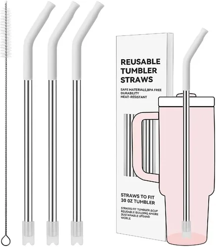 Miniatura 83 de Pajitas de metal rectas para vaso Stanley de 40 onzas, paquete de 3 popotes reutilizables de acero inoxidable con puntas de silicona y cepillo Gris