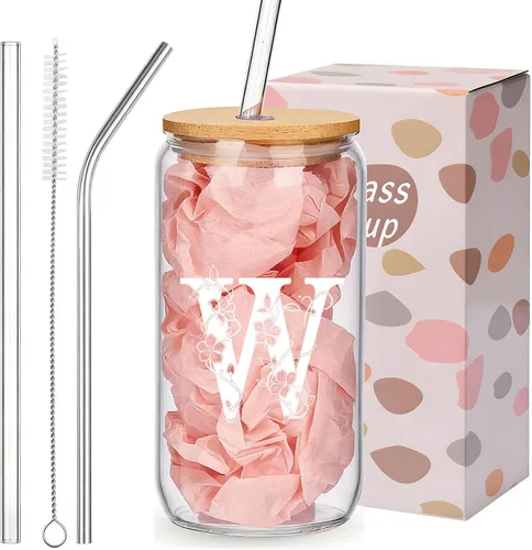 Miniatura 27 de Regalos personalizados para mujeres, tazas de vidrio con monograma con tapas y pajitas, regalos personalizados para mujeres, vasos de café helado
