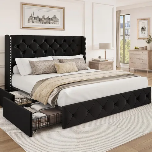Miniatura 20 de BRELTAM Marco de Cama Tamaño Queen con Cajones de Almacenamiento y Cabecero Wingback Tapizado en Terciopelo Marco de Cama Plataforma Camas Blanco