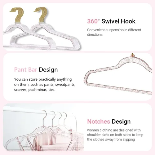 Miniatura 3 de Perchas de Ropa Rosas de 16", Paquete de 40 Perchas de Plástico con Recubrimiento Transparente para Armario de Adultos, Bling Ganchos de Ropa