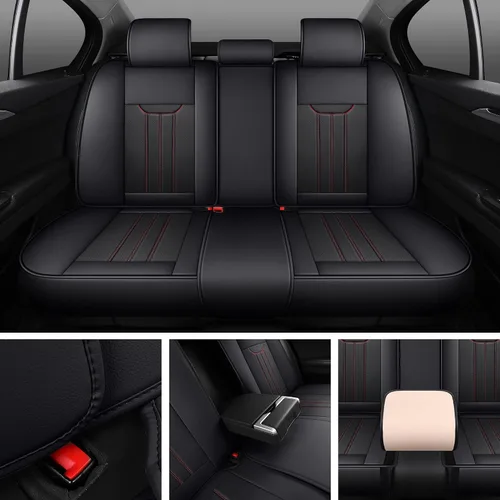 Miniatura 5 de LINGVIDO Funda de asiento de piel sintética (ajuste universal, línea roja negra), funda impermeable para asiento delantero de automóvil, SUV