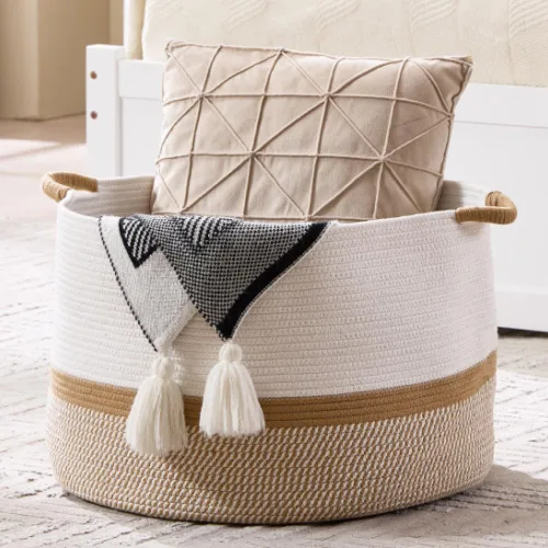 Luxury Little Cesta de almacenamiento extragrande para guardería, 20 x 20 x 13.8 pulgadas, 100 % algodón con asas, cesta de manta para juguetes,