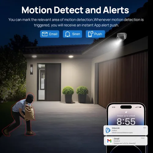 Miniatura 4 de Cámara de seguridad PoE de doble lente de 4MP para exteriores, gran angular panorámico de 180°, visión nocturna a color inteligente de doble luz