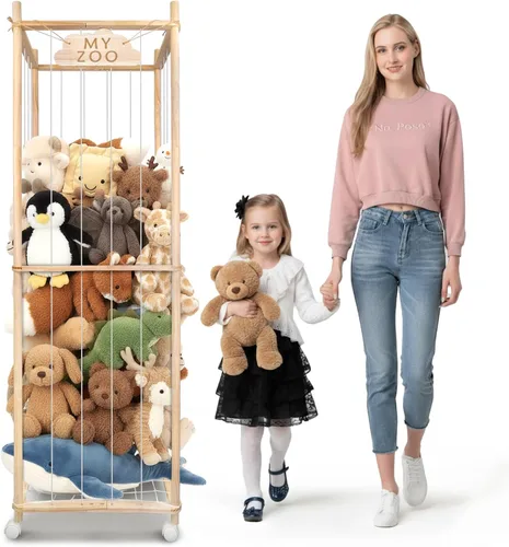 Miniatura 9 de Zoo de almacenamiento de animales de peluche con ruedas, 64 pulgadas de madera grande de animales de peluche organizador de juguetes para niños