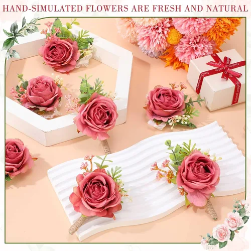 Miniatura 2 de Sherr Juego de 20 ramilletes de rosas y boutonniere, ramillete de muñeca de flores, pulsera de pulsera para novio y hombre, boutonniere de boda