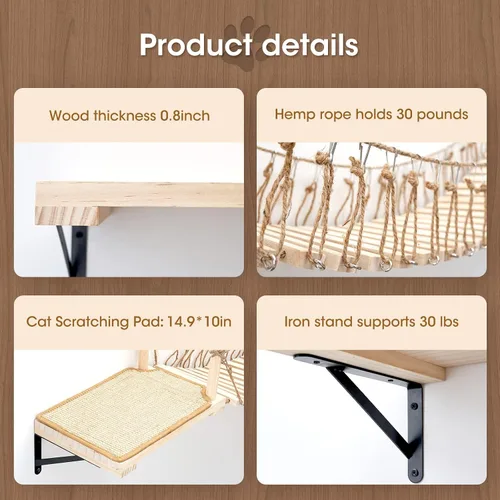 Miniatura 4 de A.FATI Puente de cuerda para gatos montado en la pared largo para gatos de interior, estantes de pared para gatos para dormir, jugar, escalar, cama