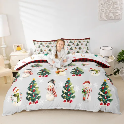 Miniatura 54 de Juego de funda de edredón para niños con diseño de Navidad, tamaño individual, camiones rojos y árboles de pino con copos de nieve, decoración