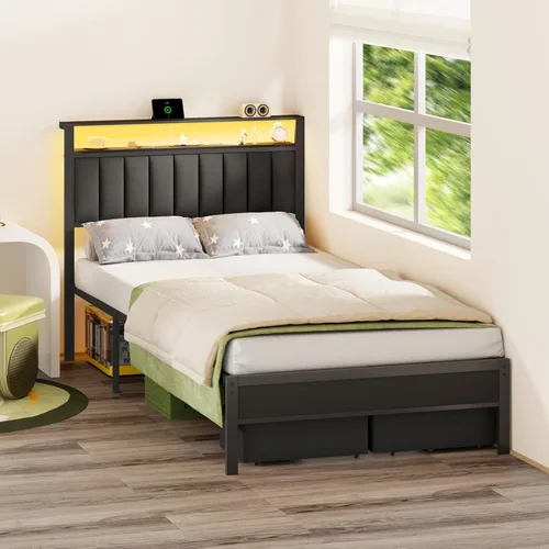Miniatura 4 de Furnulem Marco de cama tamaño matrimonial con estación de carga y luces LED, cabecero tapizado en gris con estantes, cama de plataforma de metal