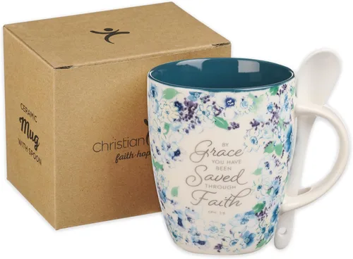 Miniatura 7 de Christian Art Gifts Juego de taza de café y té con cuchara de cerámica para mujer: By Grace You Have Been Saved - Efesios 2:8 Versículo de la Biblia