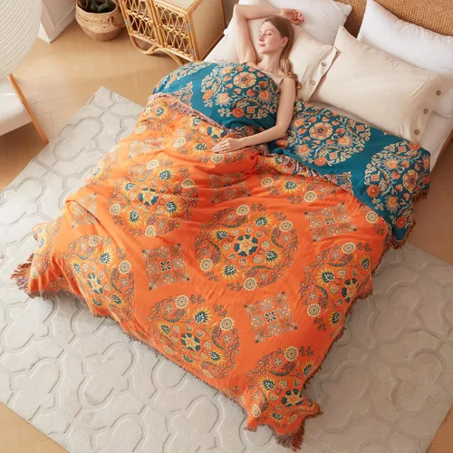 Miniatura 9 de Cobija para cama de estilo bohemio, 100 % algodón, ultra suave, edredón rústico, cobija de otoño, estampado floral, cobija grande rústica para sofá