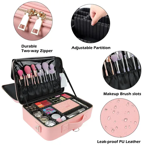 Miniatura 5 de Gzcz Estuche de viaje para maquillaje, profesional, 16 pulgadas, gran capacidad, organizador de brochas, portátil, para artistas, divisores Negro