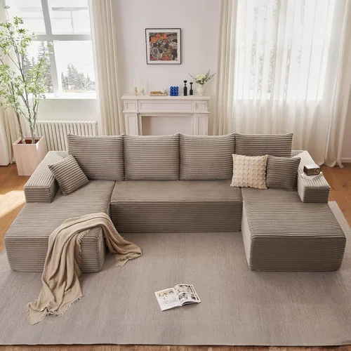 Miniatura 89 de Sofá modular de 95 pulgadas con otomana, moderno sofá nube de pana con asiento profundo, sofá sin hueso tapizado de 3 plazas en forma de U para sala