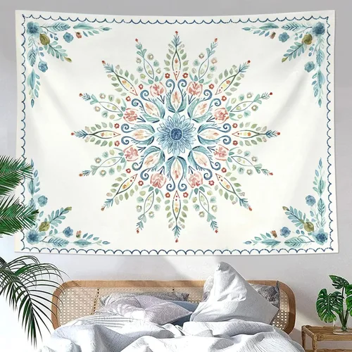 Miniatura 20 de Accnicc Tapiz bohemio con mandala floral para dormitorio, tapiz de pared con flores bohemias, pequeño, acuarela, azul, blanco, hippie, indio