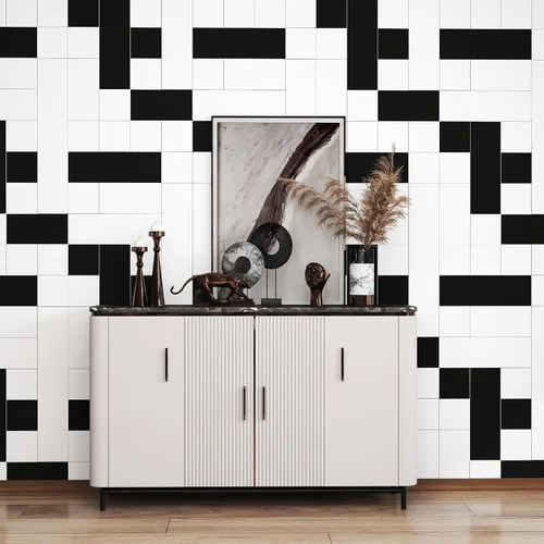 Miniatura 5 de Hopepak Papel tapiz de mosaico blanco y negro, moderno patrón de cuadrícula para despegar y pegar, decoración de pared extraíble, mural de vinilo