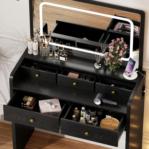 Miniatura 4 de Escritorio de tocador con espejo y luces, mesa de tocador de maquillaje con 5 cajones, taburete de almacenamiento, espejo grande para dormitorio