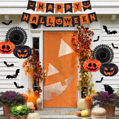 Miniatura 7 de Kit de decoración de fiesta de Halloween para interiores con bolas de papel de panal y abanicos, bufanda de mantel de chimenea, camino de mesa