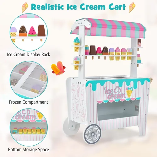 Miniatura 3 de Costzon Juego de Carrito de Helados, Tienda de Comestibles de Madera con Estante de Exhibición y Repisas, Compartimento Congelador, 2 Ruedas