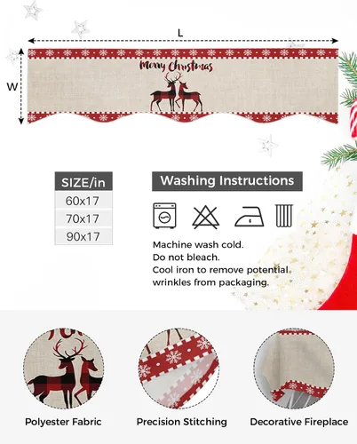 Miniatura 4 de Bufanda de manto de 60 x 17 pulgadas, diseño de cuadros rojos de búfalo a cuadros, alce de Navidad, chimenea, cubierta de mantel para Navidad