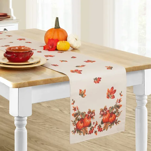 Miniatura 14 de Lintex Mantel de tela de cosecha de otoño de Thanksgiving Traditions, cuadrado de 52 x 52 pulgadas, parche de calabaza y borde de hojas de otoño