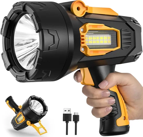 MIXILIN - Foco recargable de 90,000 lúmenes, súper brillante, linterna de foco LED para exteriores con luz COB y trípode plegable, 10000 mAh de