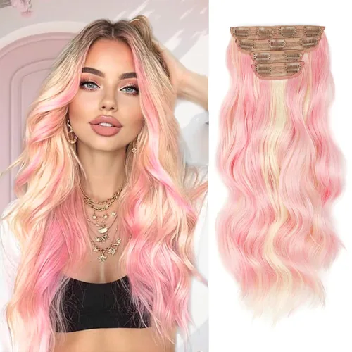Miniatura 24 de Extensiones de cabello con clip de Vigorous de 20 pulgadas, con reflejos rubio playa, extensiones de cabello ondulado largo y suave de cabello