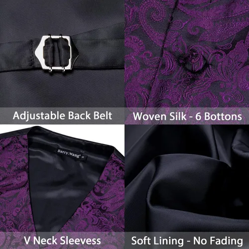 Miniatura 17 de Barry.Wang Conjunto de chaleco de pajarita para hombre, chaleco con cuello en V de seda jacquard de cachemira, gemelos de pañuelo formal/ocio, boda