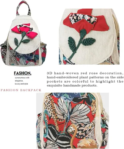 Miniatura 40 de HUANGGUOSHU Mochila de algodón tejida de algodón bohemio con bordado de lona estilo bohemio con múltiples bolsillos retro linda mochila cartera