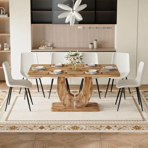Miniatura 18 de Juego de mesa de comedor moderno para 4, mesa de cocina de madera de 63 pulgadas con 4 sillas tapizadas de gamuza de tela, estilo granja con parte