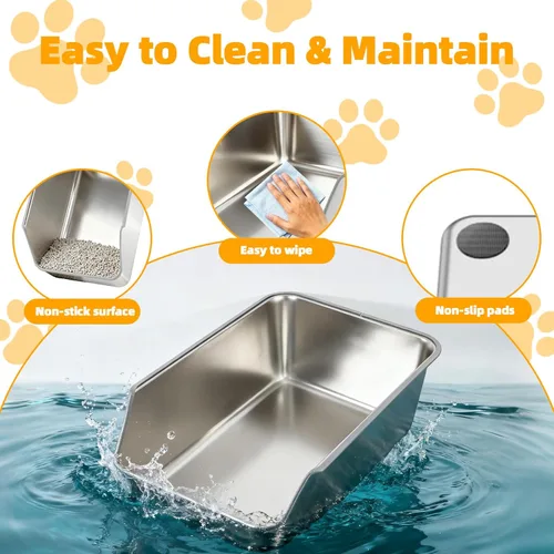 Miniatura 4 de Caja de arena para gatos de acero inoxidable con lados altos, bandeja de arena de metal extragrande para gatos, caja de entrada baja para gatos