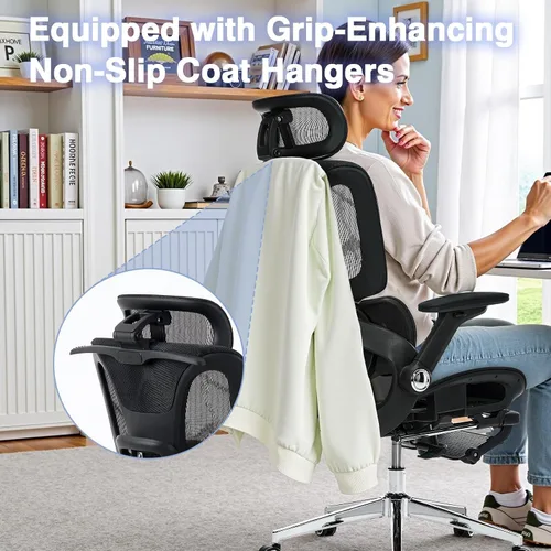 Miniatura 9 de Silla de oficina ergonómica de malla con reposapiés, silla de escritorio de respaldo alto con reposabrazos 4D, soporte lumbar dinámico de 3 zonas