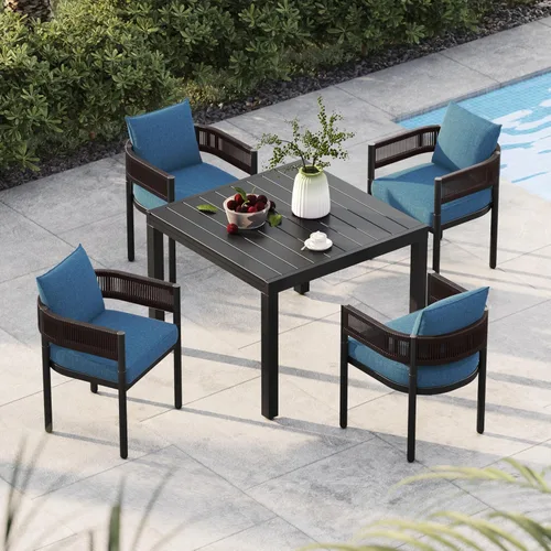 Miniatura 27 de Juego de comedor al aire libre Grand Patio de 5 piezas para 4, sillas de patio fijas de mimbre tejido metálico con cojines engrosados y 1 mesa
