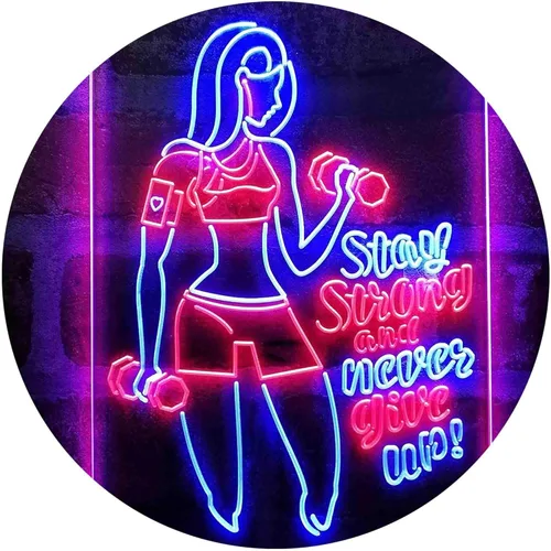 ADVPRO Fitness Club Gym Stay Strong Never Give Up Dual Color LED Neon Sign azul & rojo 8 x 12 pulgadas st6s23-i4043-br