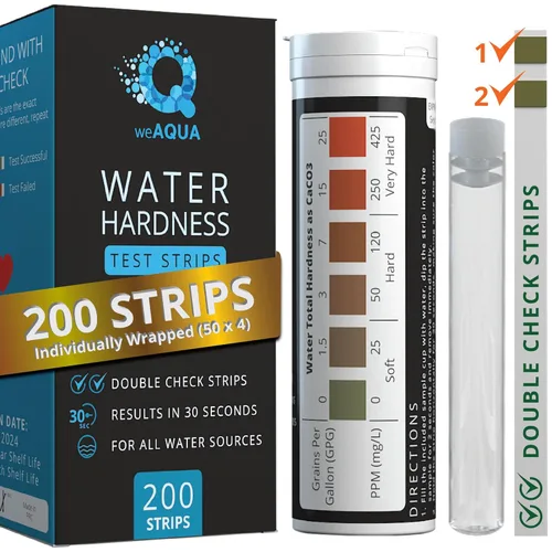 WeAQUA DoubleCheck Kit de Prueba de Dureza del Agua 200 Tiras con Vaso de Muestra - Tiras de Prueba de Agua Dura (0-25 gpg / 0-425 ppm)