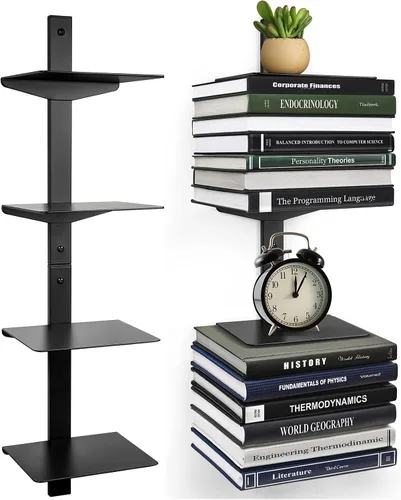 Estantes flotantes para libros para pared, estantería flotante invisible de 4 niveles, torre de libros con lomo vertical, montaje en pared y ahorro