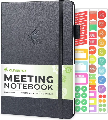 Clever Fox Cuaderno de reuniones - Organizador de trabajo y negocios con notas y artículos de acción - Bloc de notas para gestión de proyectos y