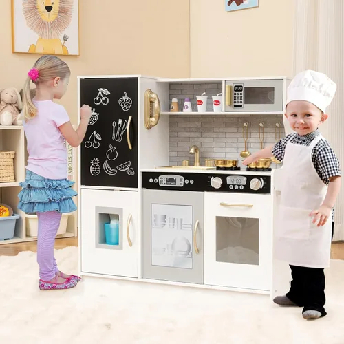 MAT EXPERT Juego de cocina para niños, cocina de juguete de chef de madera con pizarra, máquina de hielo, accesorios de utensilios de cocina,