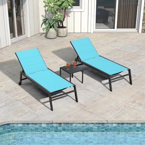 Miniatura 13 de PURPLE LEAF Juego de 2 tumbonas de aluminio para patio al aire libre con ruedas y mesa auxiliar, tumbona de piscina para jardín al aire libre, junto