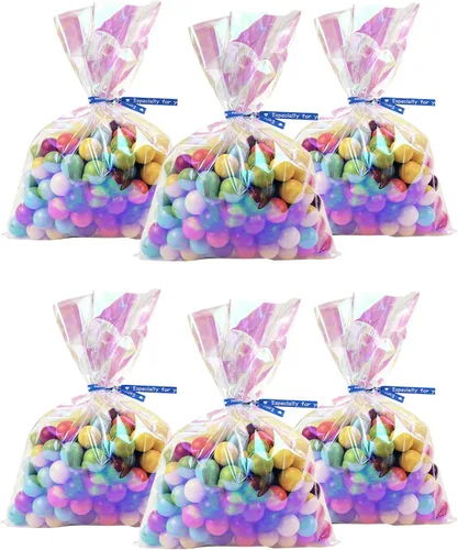 Morepack Bolsas de celofán holográficas iridiscentes para el Día de la Madre, 6 x 9 pulgadas, 100 bolsas de regalo de fiesta con lazos giratorios de