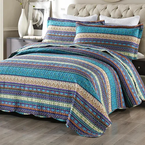 Miniatura 2 de MarCielo Juego de ropa de cama bohemia, colcha acolchada de 3 piezas, azul, King, poliéster