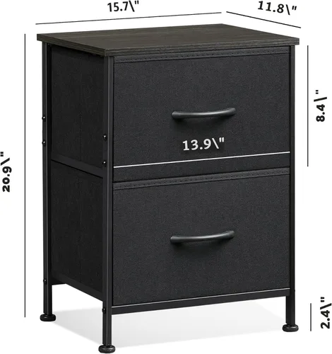 Miniatura 3 de WLIVE Mesita de noche negra, cómoda pequeña con 2 cajones y superficie de madera, mesita de noche con cestas de tela, mesa de cabecera mesa auxiliar