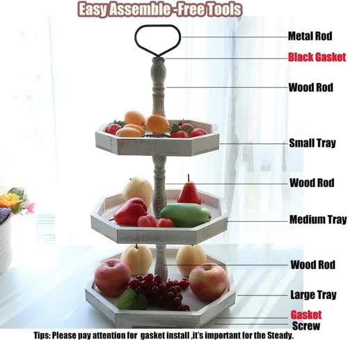 Miniatura 3 de MRPAPA Soporte de bandeja de 3 niveles, decoración de cocina de granja grande con fácil montaje, bandejas decorativas rústicas de 3 niveles, soporte