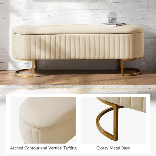 Miniatura 7 de EcoHarbor Living Banco de almacenamiento de 50.5" para pasillo, otomano tapizado con extremo de cama de terciopelo con patas doradas, reposapiés