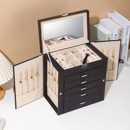 Miniatura 5 de BOOVO Joyero para mujer, organizador de joyas grande de 6 capas con espejo, caja de almacenamiento multifunción con cerradura, soporte de accesorios