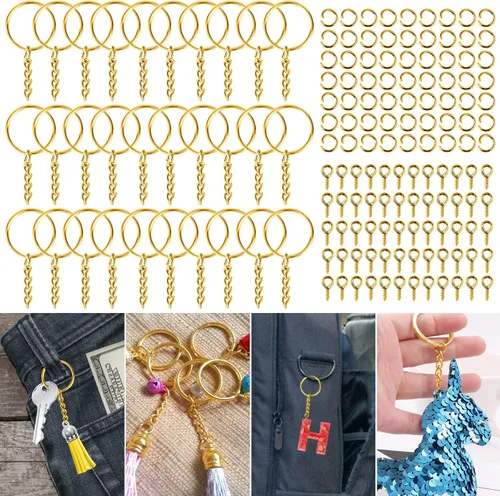 Miniatura 8 de PAXCOO - Kit de anillos para manualidades dorados, incluye 100 llaveros divididos con cadena, 100 anillos de salto y 100 pines de ojo de tornillo