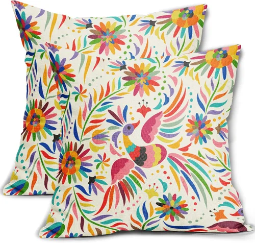 Juego de 2 fundas de almohada con estampado floral mexicano de 18 x 18 pulgadas, diseño étnico colorido de pájaros y flores de cachemira, fundas