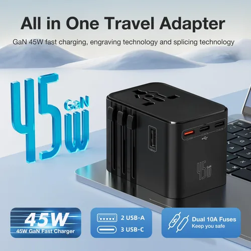 Miniatura 2 de Adaptador de viaje universal de 45 W - Enchufe compacto con 3 puertos USB-C y 2 puertos USB-A para UE/Reino Unido/US/AU, adaptador de corriente Azul