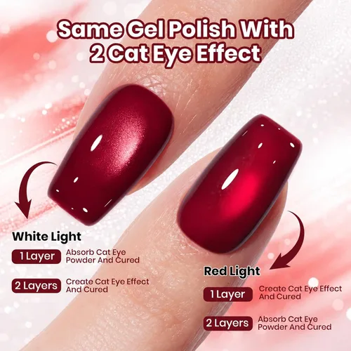 Miniatura 3 de Beetles - Esmalte de uñas de gel de ojo de gato rojo, cereza teñida de vino, 0.5 onzas líquidas, esmalte de gel magnético 2 efectos de ojo de gato