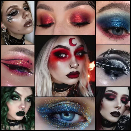 Miniatura 5 de Paleta de sombras de ojos roja y negra, maquillaje gótico rojo de Halloween Paleta de sombras de ojos negra con brillo plateado y purpurina, crema
