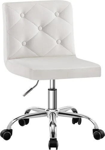 VECELO Silla de tocador de piel sintética con respaldo medio sin brazos, altura ajustable, giratoria en 360°, para oficina en casa, color blanco