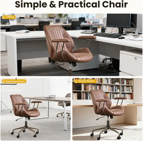 Miniatura 8 de Silla de escritorio de oficina en casa, silla de oficina moderna de mediados de siglo con soporte lumbar ajustable, silla ejecutiva de altura Marrón